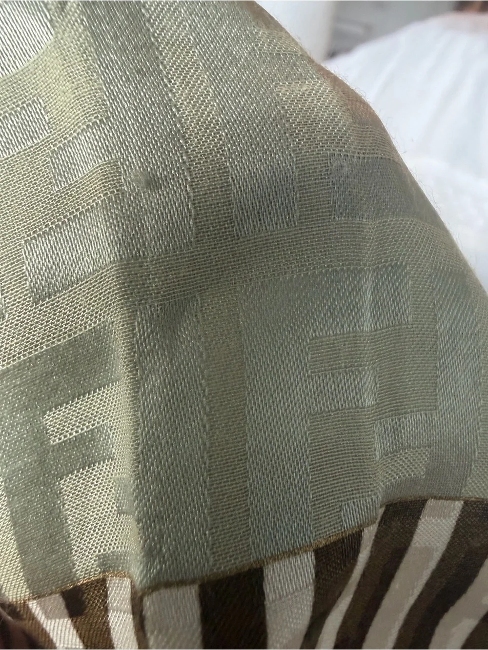Fendi Monogram Silk Scarf in gray/silver with striped brown Border